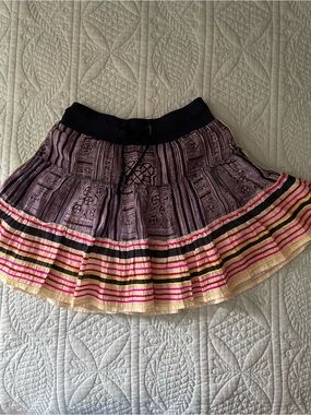 Vintage Y2K Free People Linen Cotton Indigo Batik Skirt w/striped embroidery hem